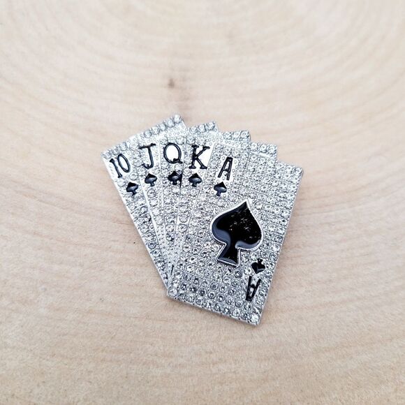 Vintage Jewelry - Brand New Silver Rhinestone Poker Cards Brooch Pin